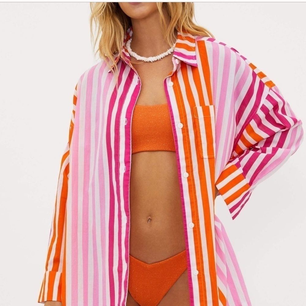 Beach Riot Alexa Button Down Top Coverup In Sunset Stripes Sz Large PETITE - Picture 3 of 11